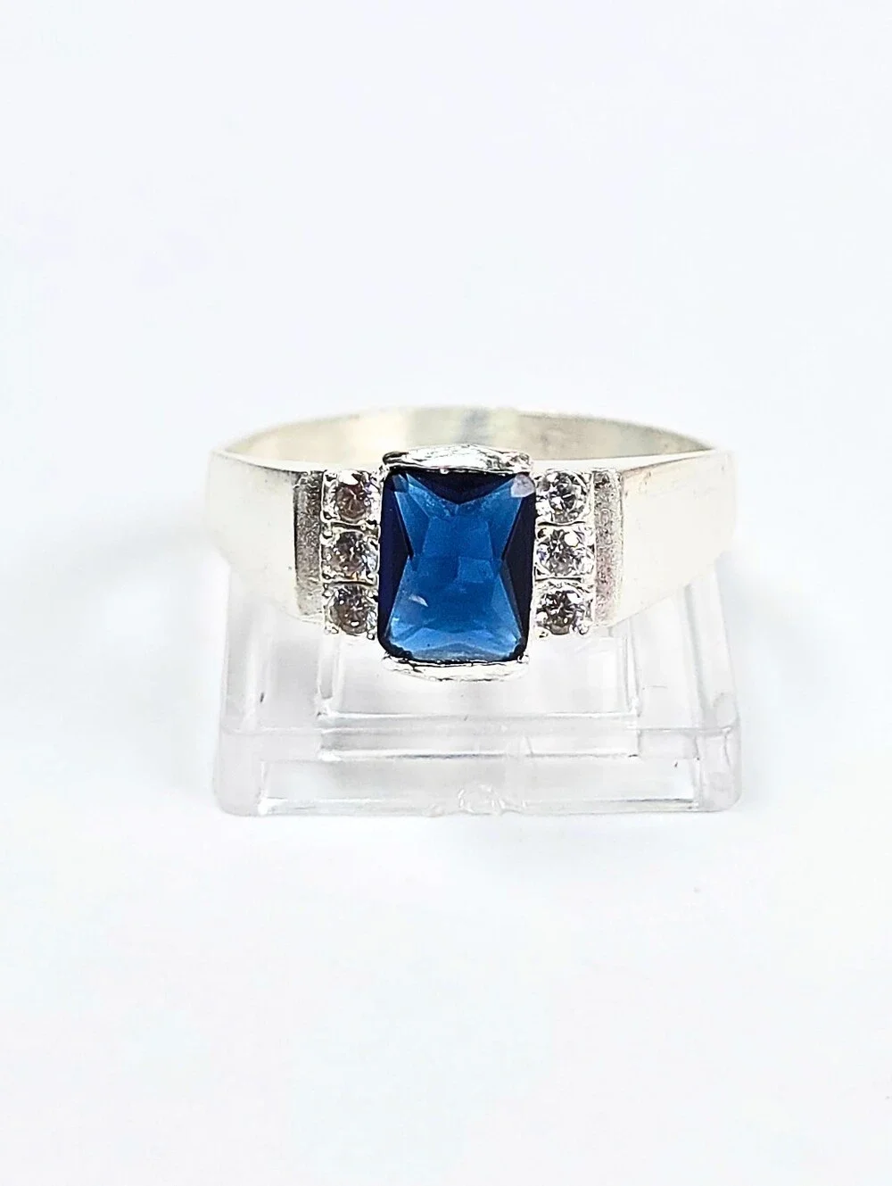 Men's Rectangular Blue CZ Ring 925 Sterling Silver Statement Ring Size 11